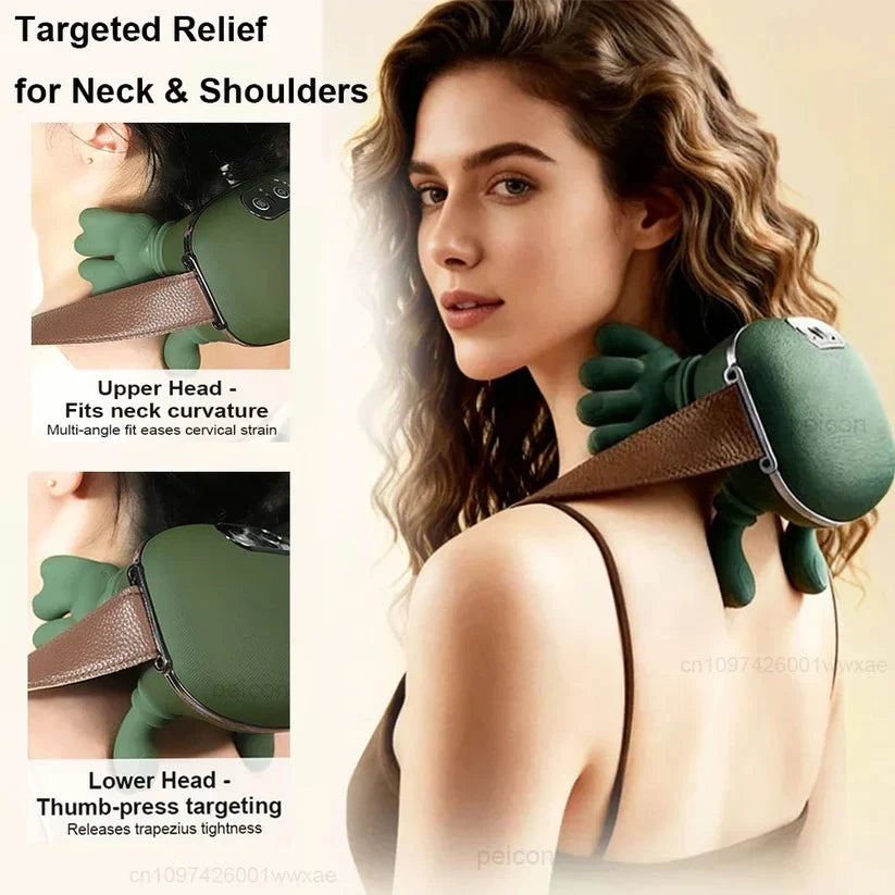 Neck and shoulder massager targeting upper and lower neck areas
