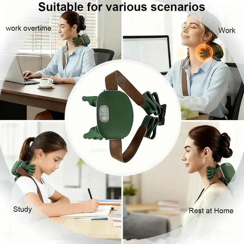 Cordless neck massager shown for work study and home use