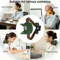 Cordless neck massager shown for work study and home use